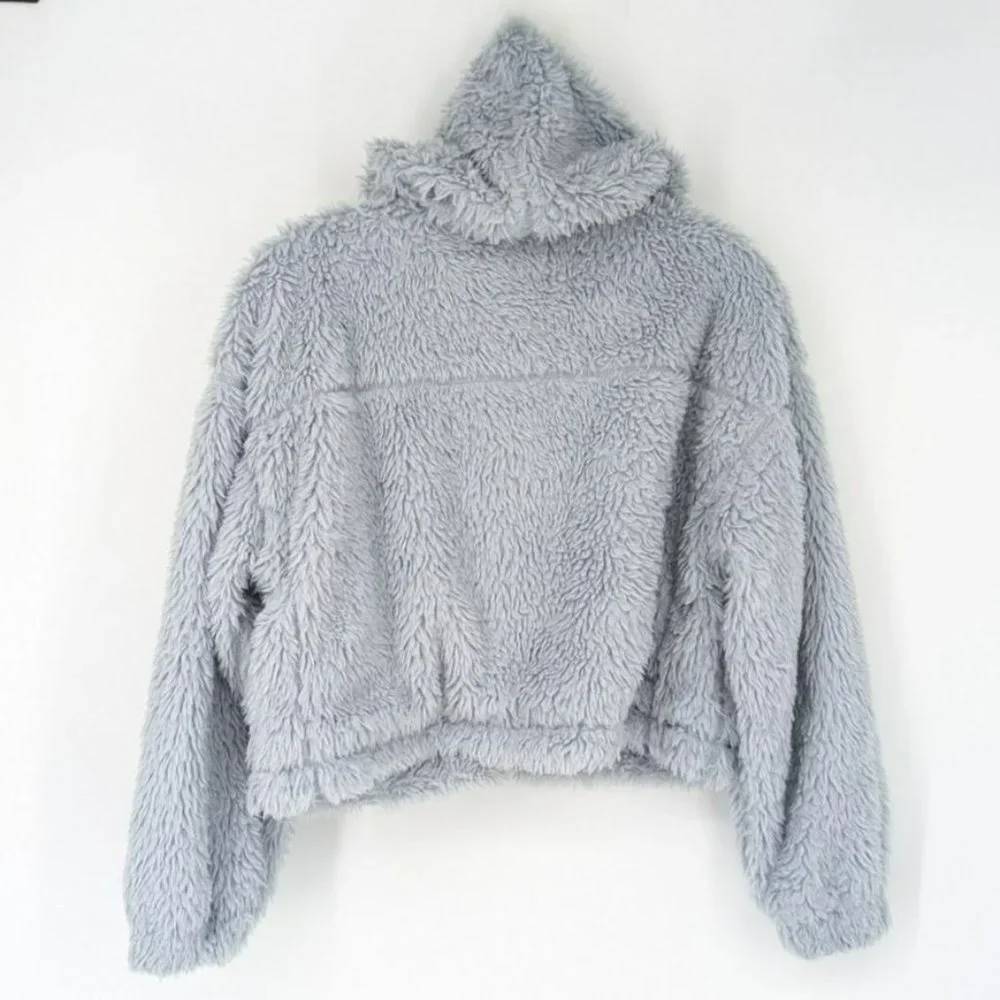 BDG Urban Outfitters Hoodie M Blue Sherpa Cropped Teddy Jacket Full Zip Cozy